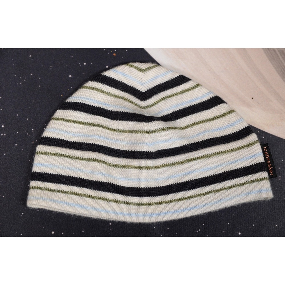 Icebreaker Striped Beanie Hat Mens One Size White Merino Wool New Zealand Knit